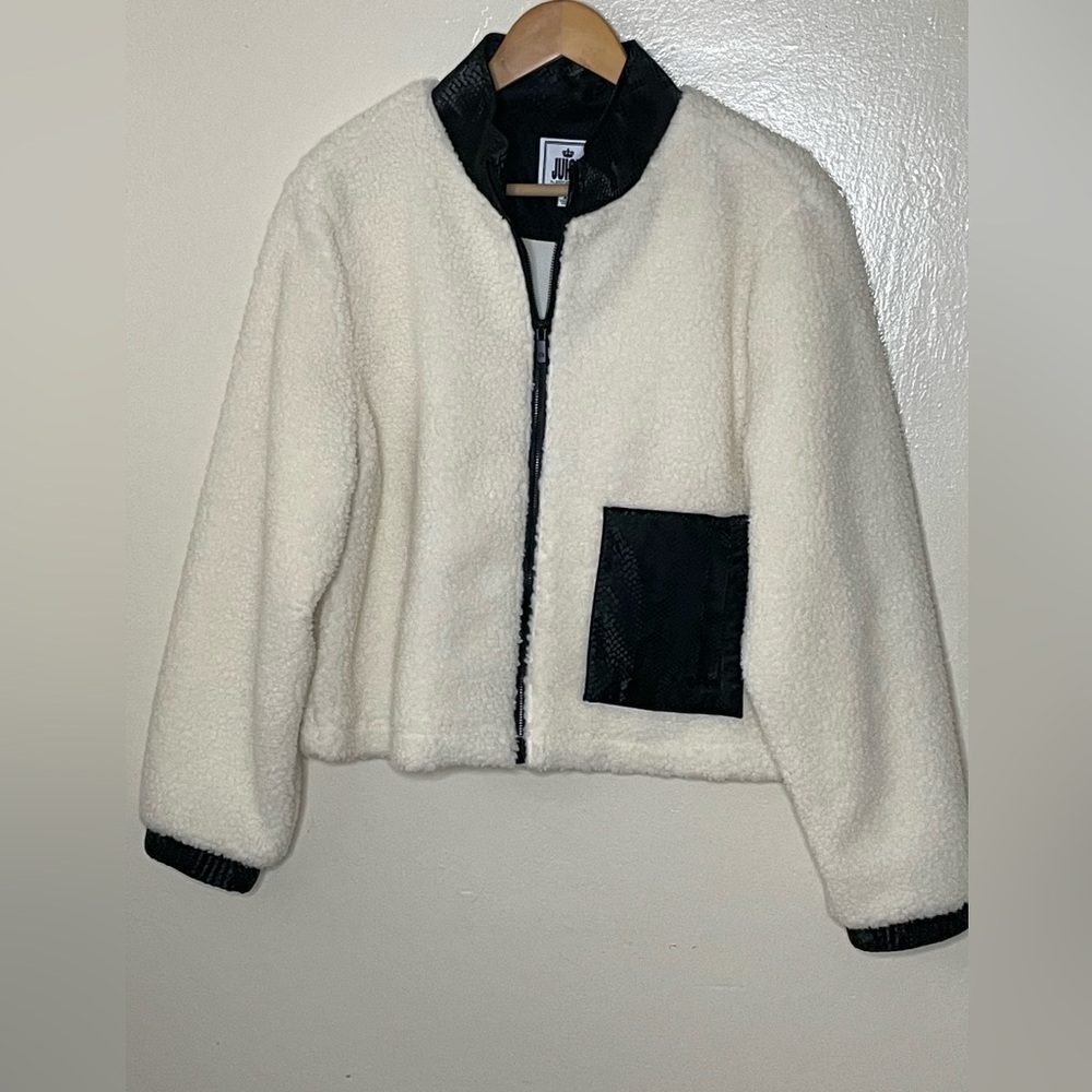 Juicy Couture women ivory Sherpa full zip leather trim Jacket